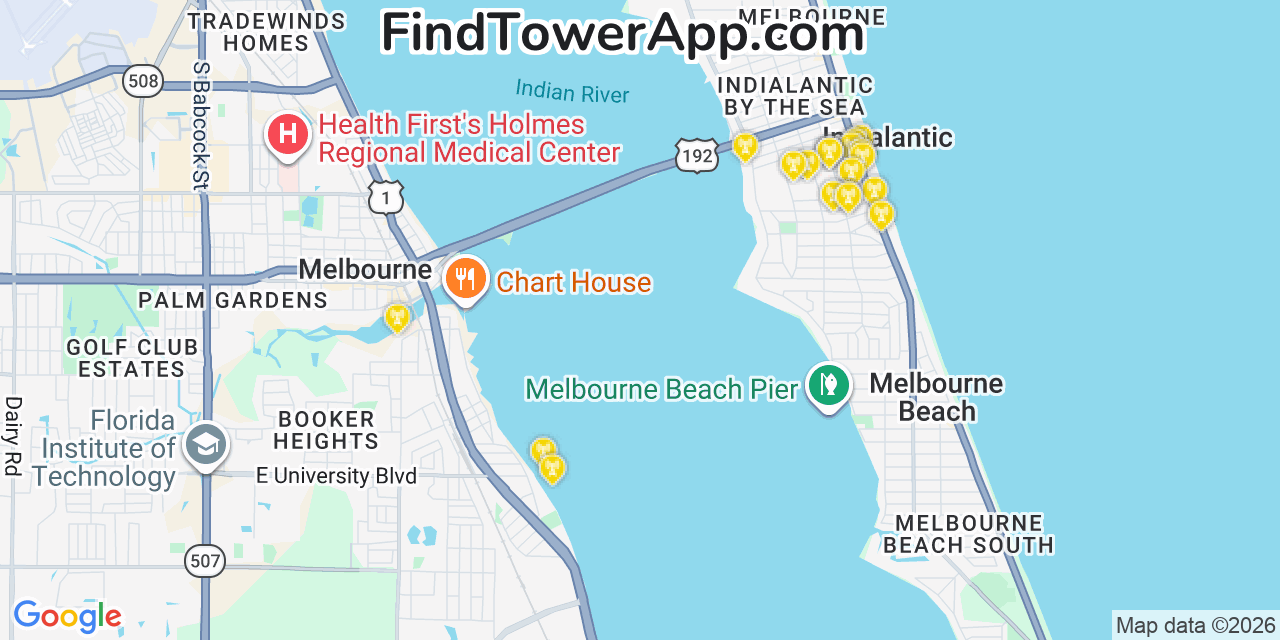Map showing the 20 primary cell tower locations detected in Indialantic, Florida from AT&T, Verizon, and T-Mobile networks