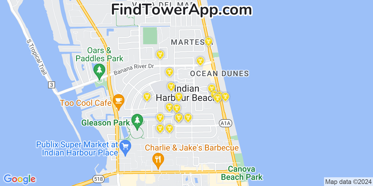 AT&T 4G/5G cell tower coverage map Indian Harbour Beach, Florida