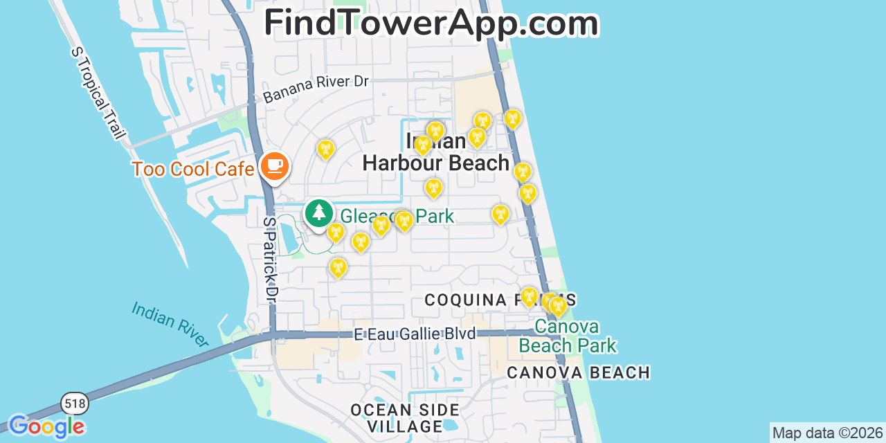 Map showing the 20 primary cell tower locations detected in Indian Harbour Beach, Florida from AT&T, Verizon, and T-Mobile networks