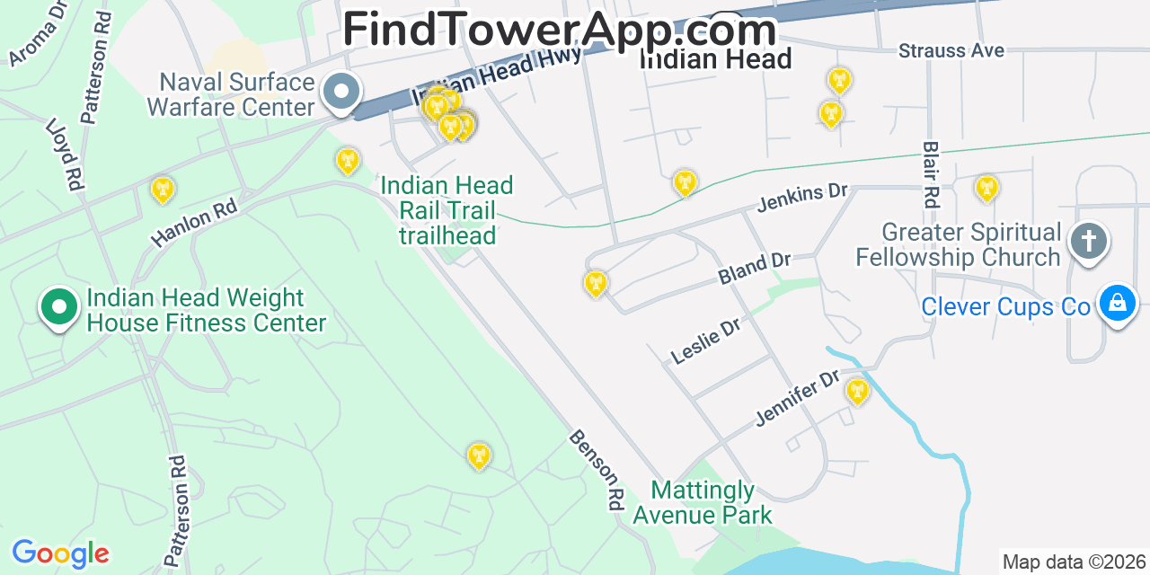 Map showing the 20 primary cell tower locations detected in Indian Head, Maryland from AT&T, Verizon, and T-Mobile networks
