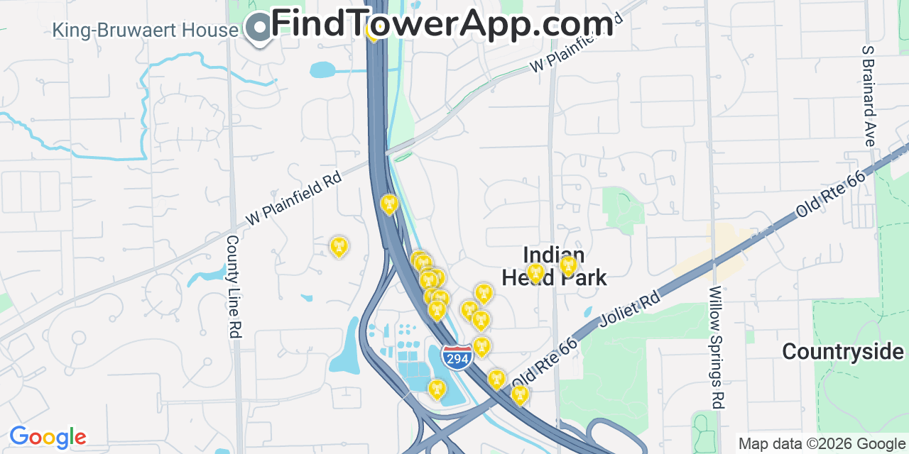 Map showing the 20 primary cell tower locations detected in Indian Head Park, Illinois from AT&T, Verizon, and T-Mobile networks