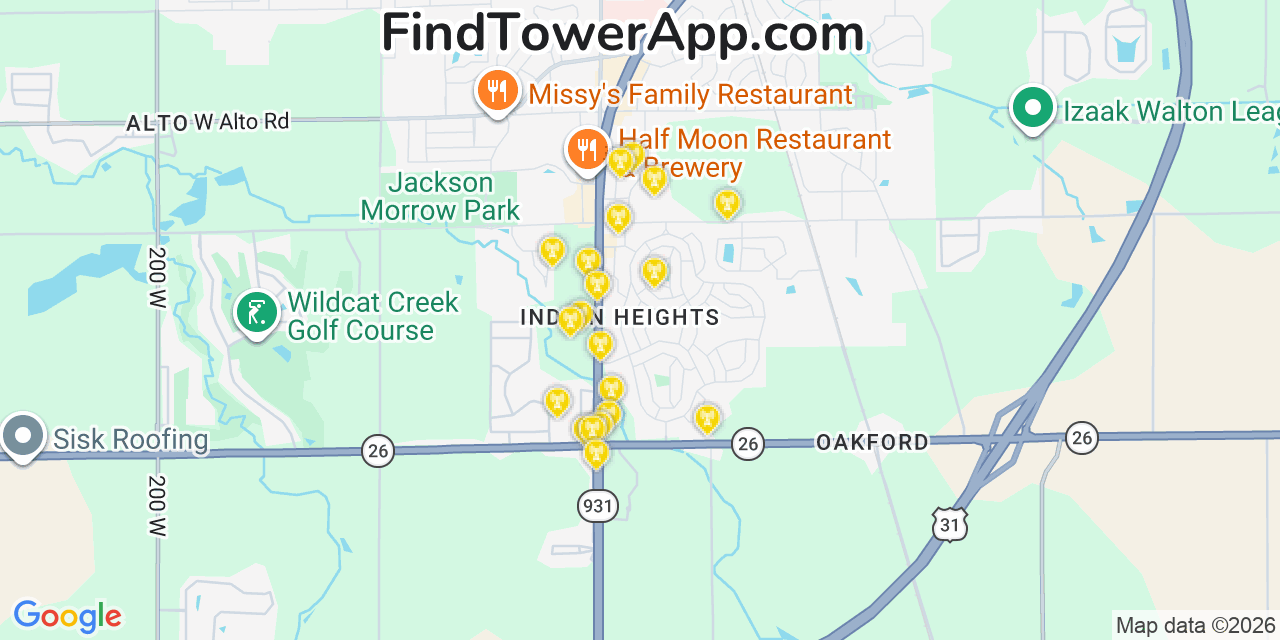 Map showing the 20 primary cell tower locations detected in Indian Heights, Indiana from AT&T, Verizon, and T-Mobile networks
