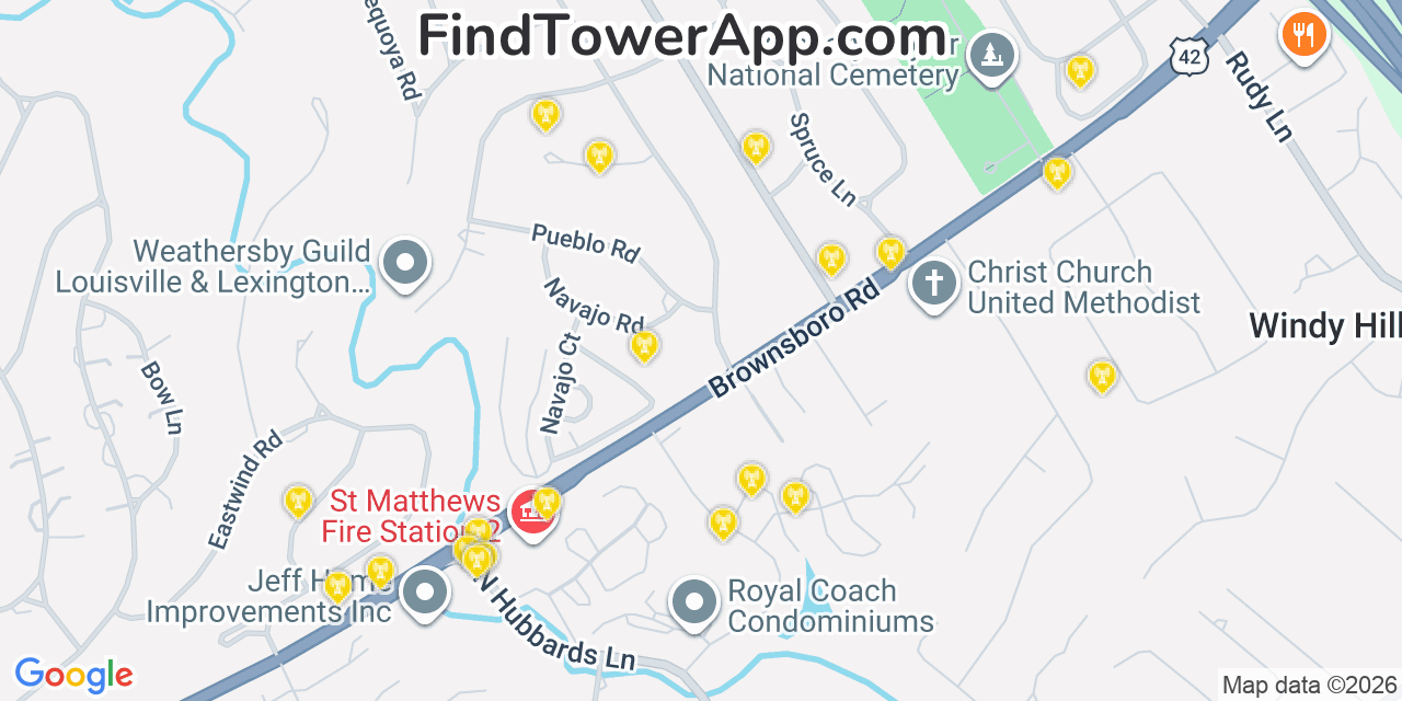 Map showing the 20 primary cell tower locations detected in Indian Hills Cherokee Section, Kentucky from AT&T, Verizon, and T-Mobile networks