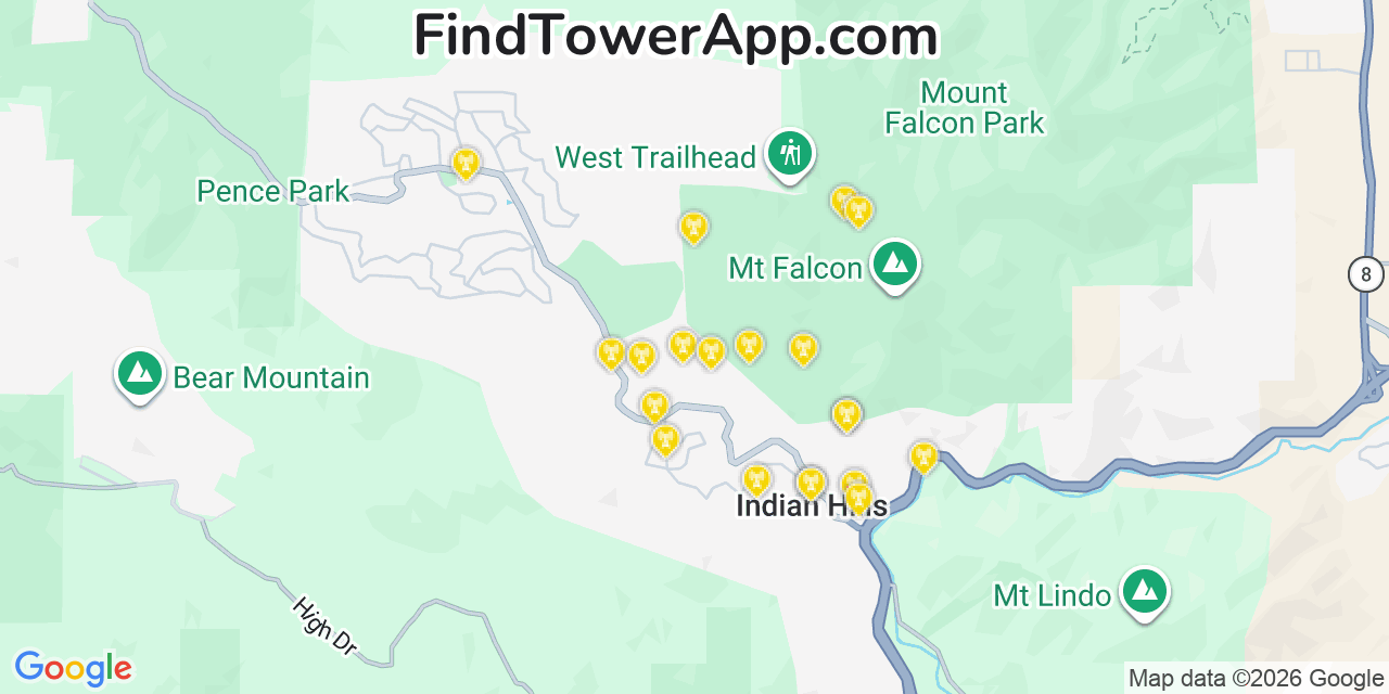 Map showing the 20 primary cell tower locations detected in Indian Hills, Colorado from AT&T, Verizon, and T-Mobile networks