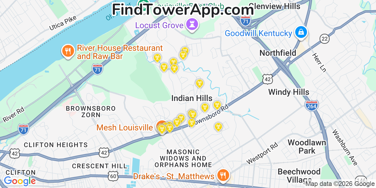 Map showing the 20 primary cell tower locations detected in Indian Hills, Kentucky from AT&T, Verizon, and T-Mobile networks