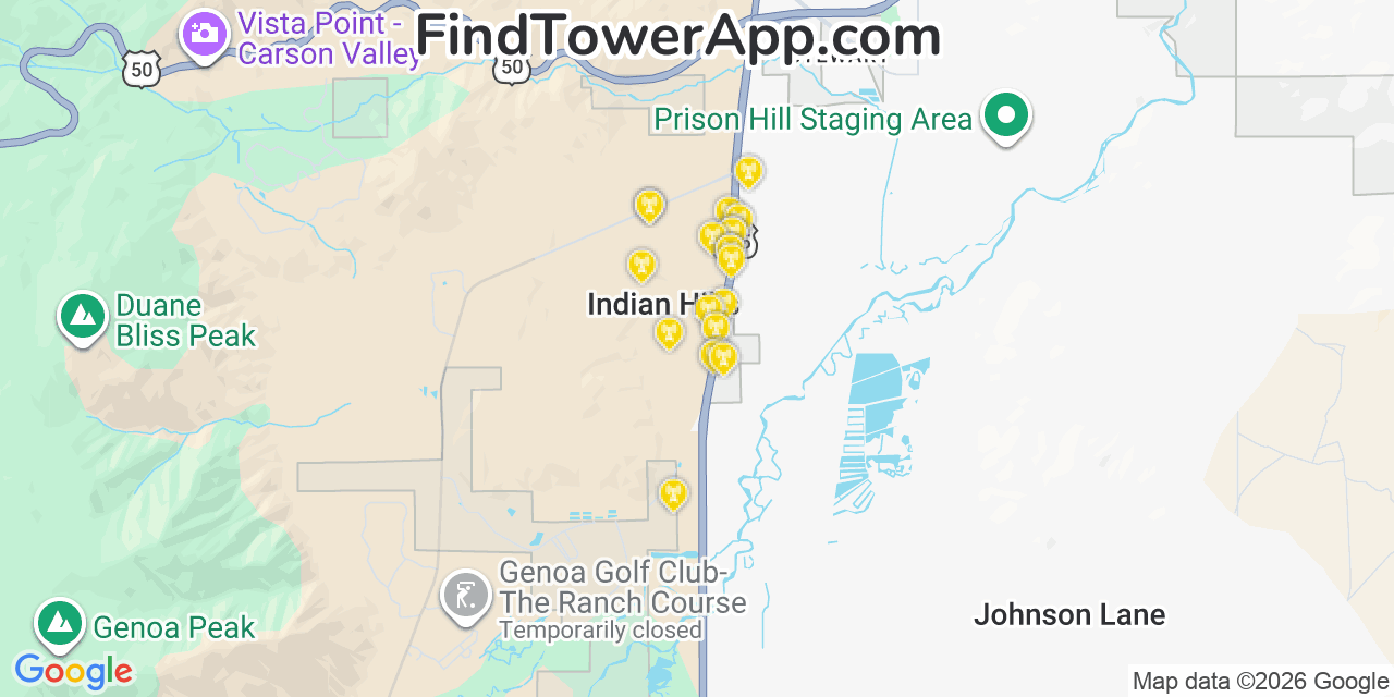 Map showing the 20 primary cell tower locations detected in Indian Hills, Nevada from AT&T, Verizon, and T-Mobile networks