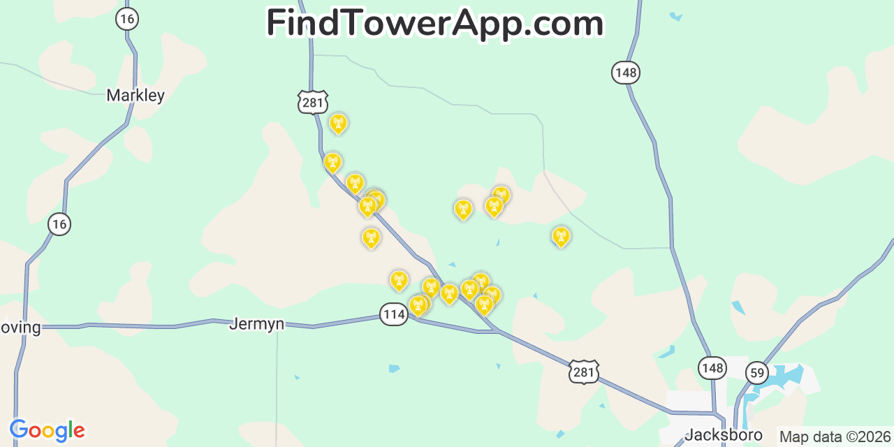 Map showing the 20 primary cell tower locations detected in Indian Hills, Texas from AT&T, Verizon, and T-Mobile networks