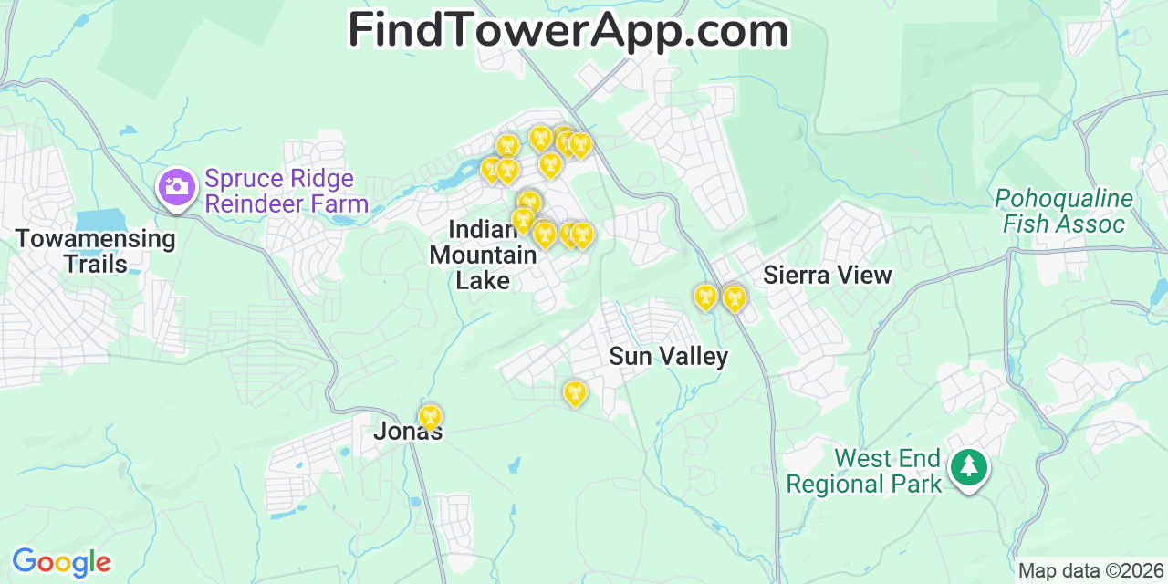 Map showing the 20 primary cell tower locations detected in Indian Mountain Lake, Pennsylvania from AT&T, Verizon, and T-Mobile networks