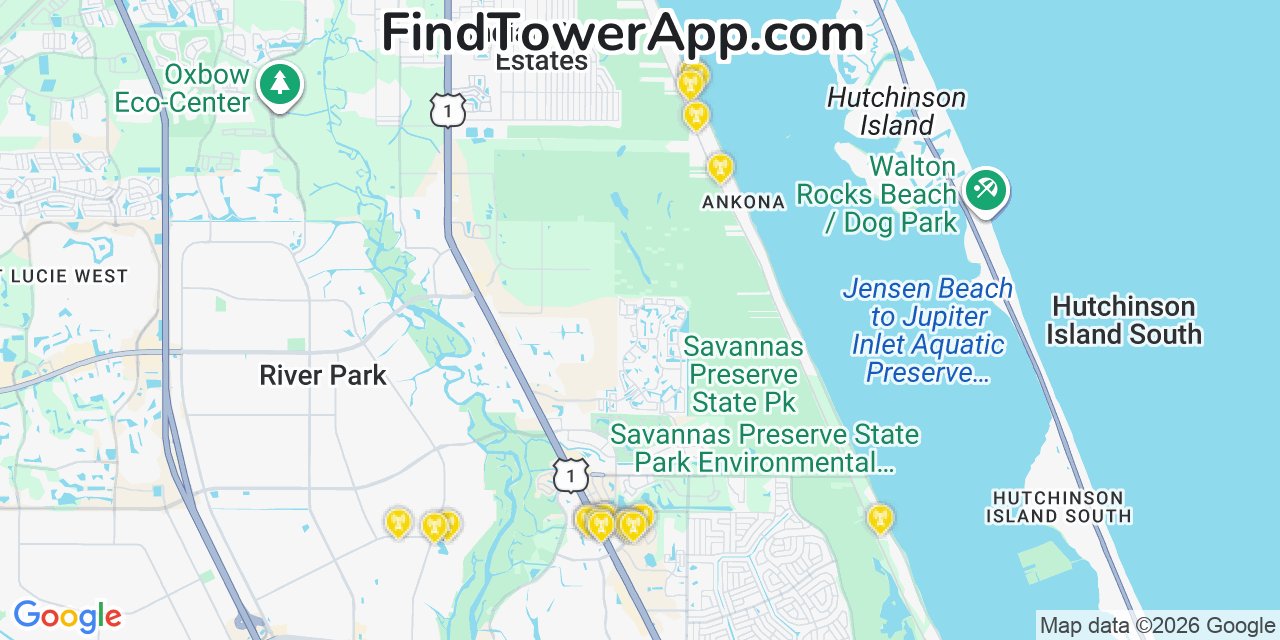 Map showing the 20 primary cell tower locations detected in Indian River Estates, Florida from AT&T, Verizon, and T-Mobile networks