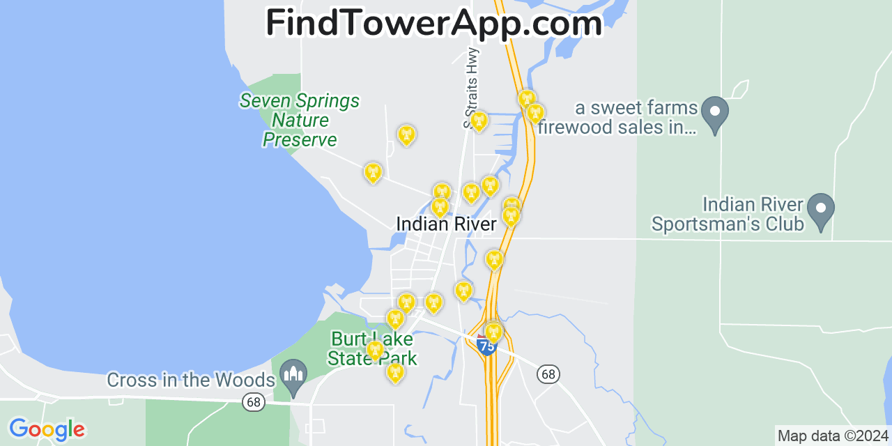 AT&T 4G/5G cell tower coverage map Indian River, Michigan