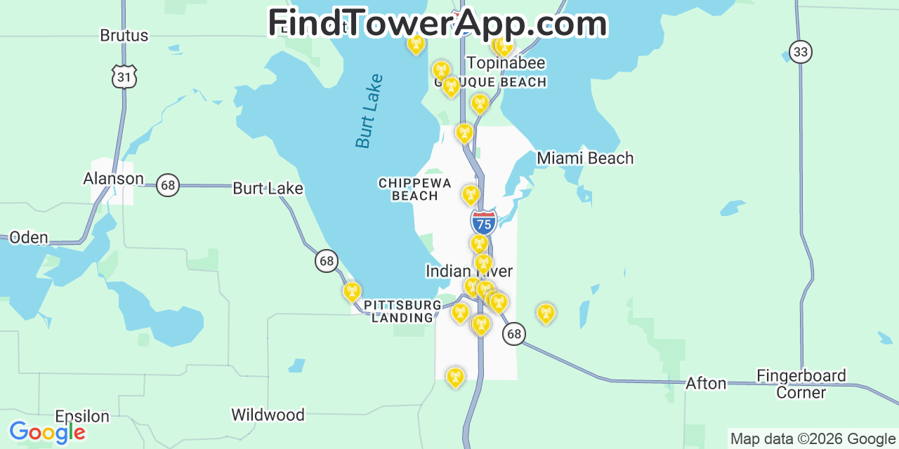 Map showing the 20 primary cell tower locations detected in Indian River, Michigan from AT&T, Verizon, and T-Mobile networks