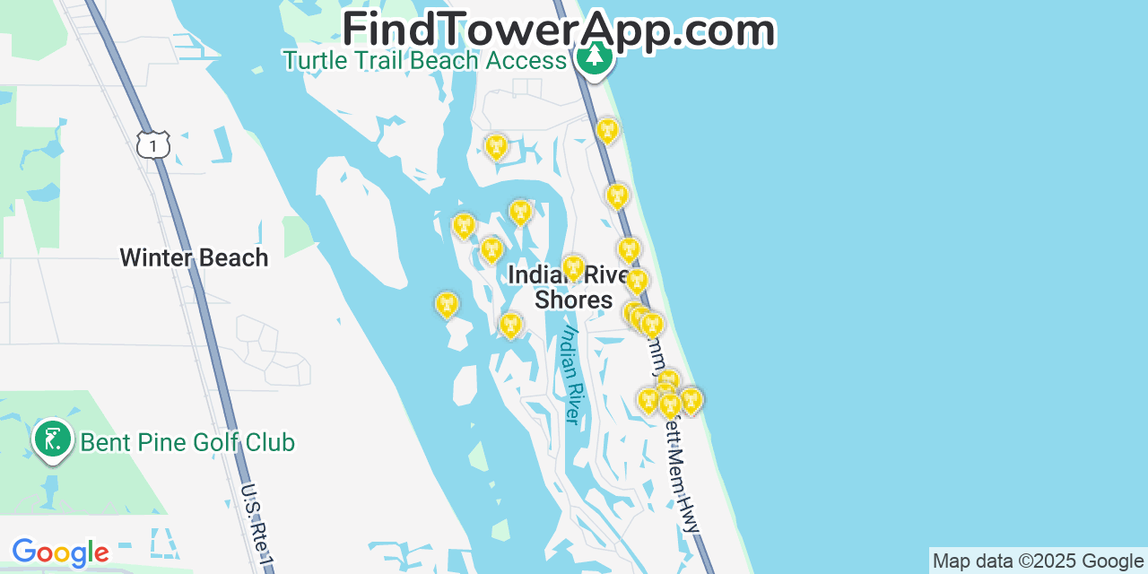 Map showing the 20 primary cell tower locations detected in Indian River Shores, Florida from AT&T, Verizon, and T-Mobile networks