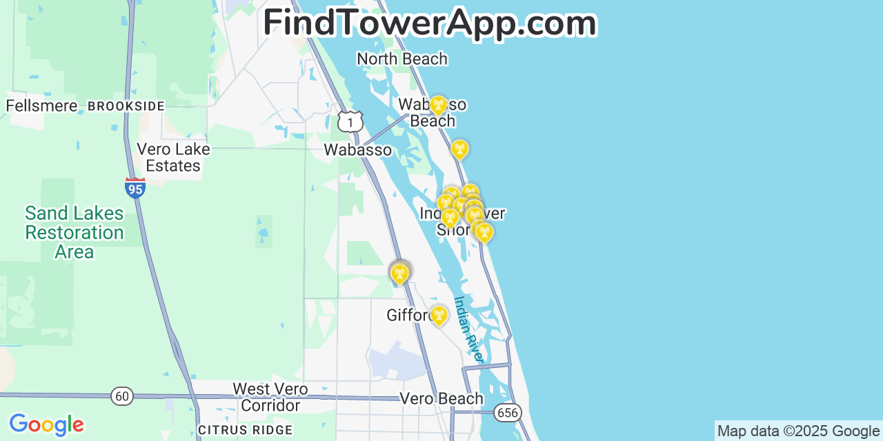 Map showing the 20 primary cell tower locations detected in Indian River Shores, Florida from AT&T, Verizon, and T-Mobile networks