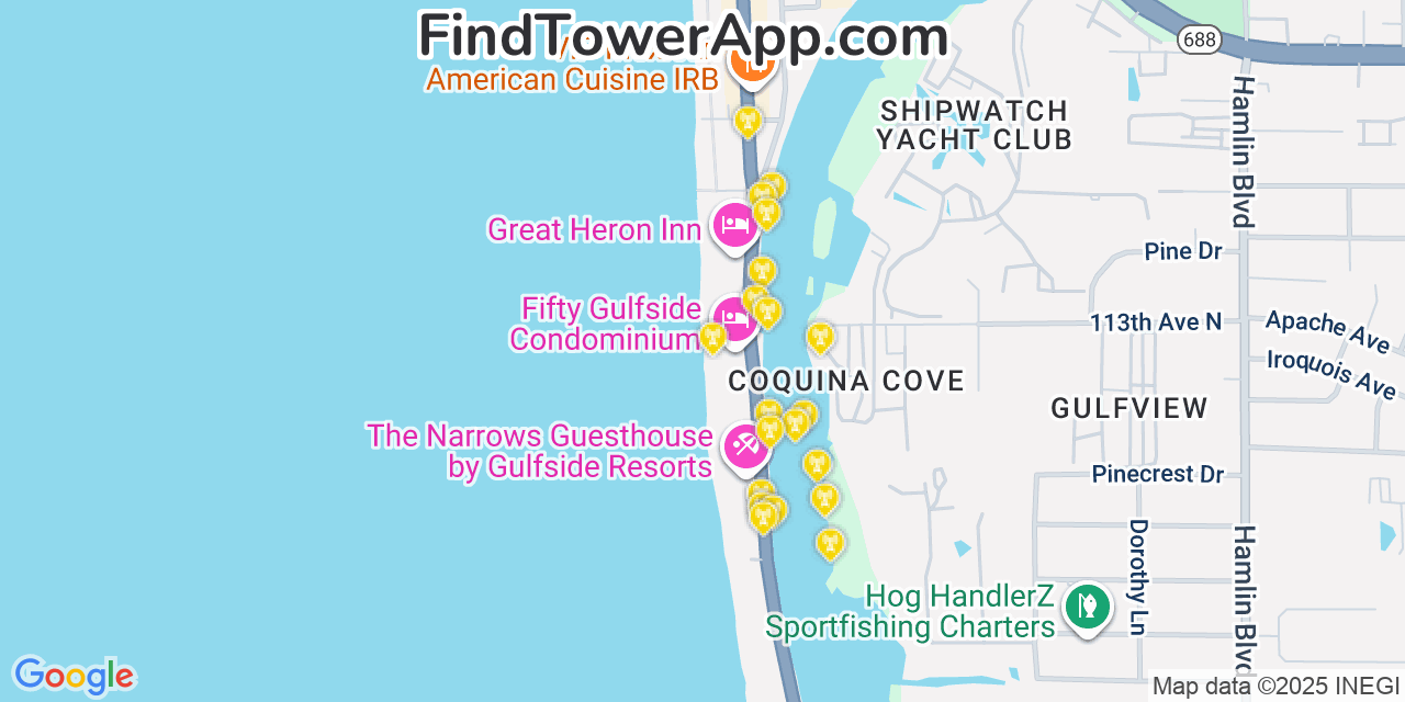 Map showing the 20 primary cell tower locations detected in Indian Rocks Beach, Florida from AT&T, Verizon, and T-Mobile networks