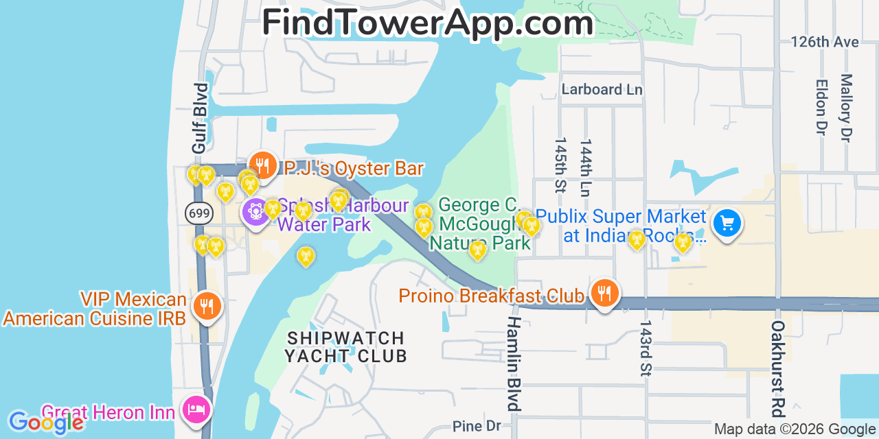 Map showing the 20 primary cell tower locations detected in Indian Rocks Beach, Florida from AT&T, Verizon, and T-Mobile networks