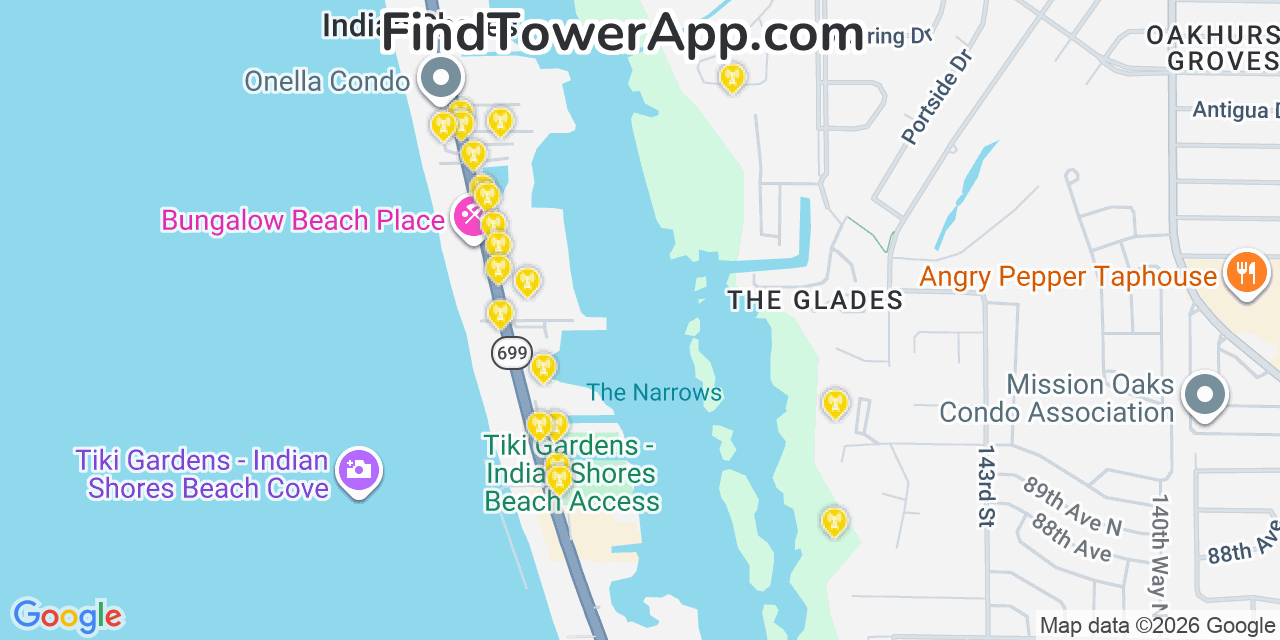 Map showing the 20 primary cell tower locations detected in Indian Shores, Florida from AT&T, Verizon, and T-Mobile networks