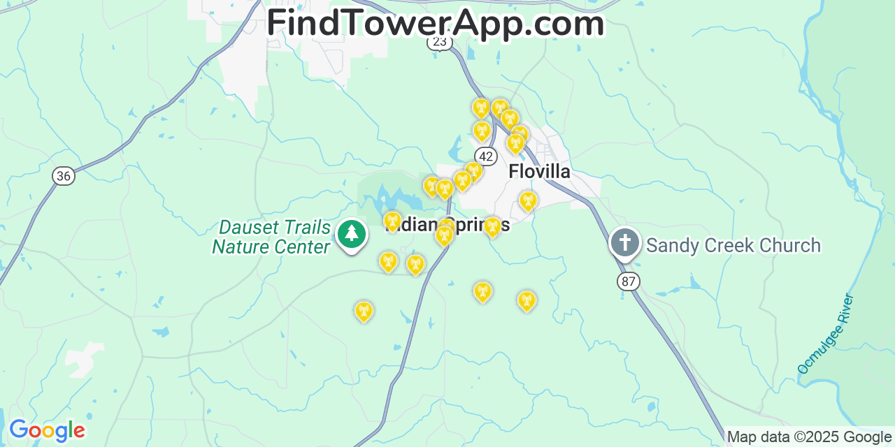 Map showing the 20 primary cell tower locations detected in Indian Springs, Georgia from AT&T, Verizon, and T-Mobile networks