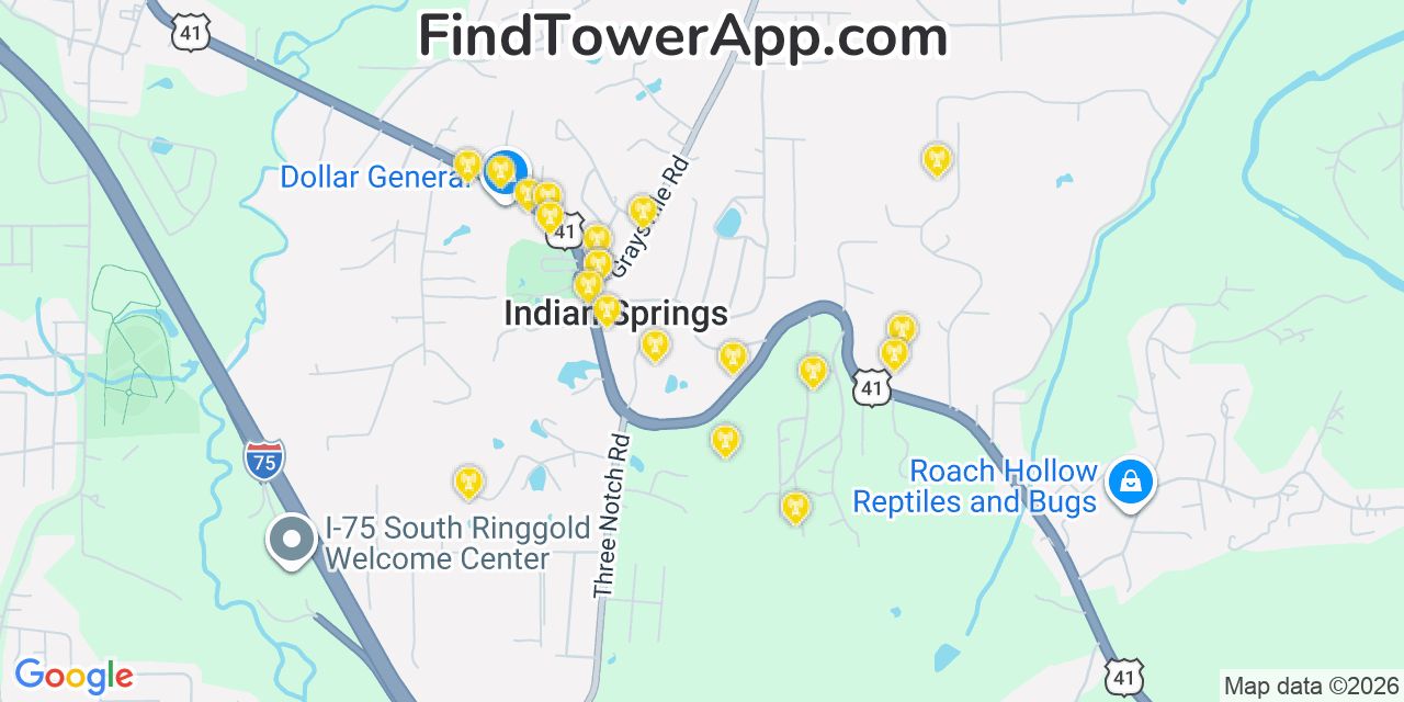 Map showing the 20 primary cell tower locations detected in Indian Springs, Georgia from AT&T, Verizon, and T-Mobile networks