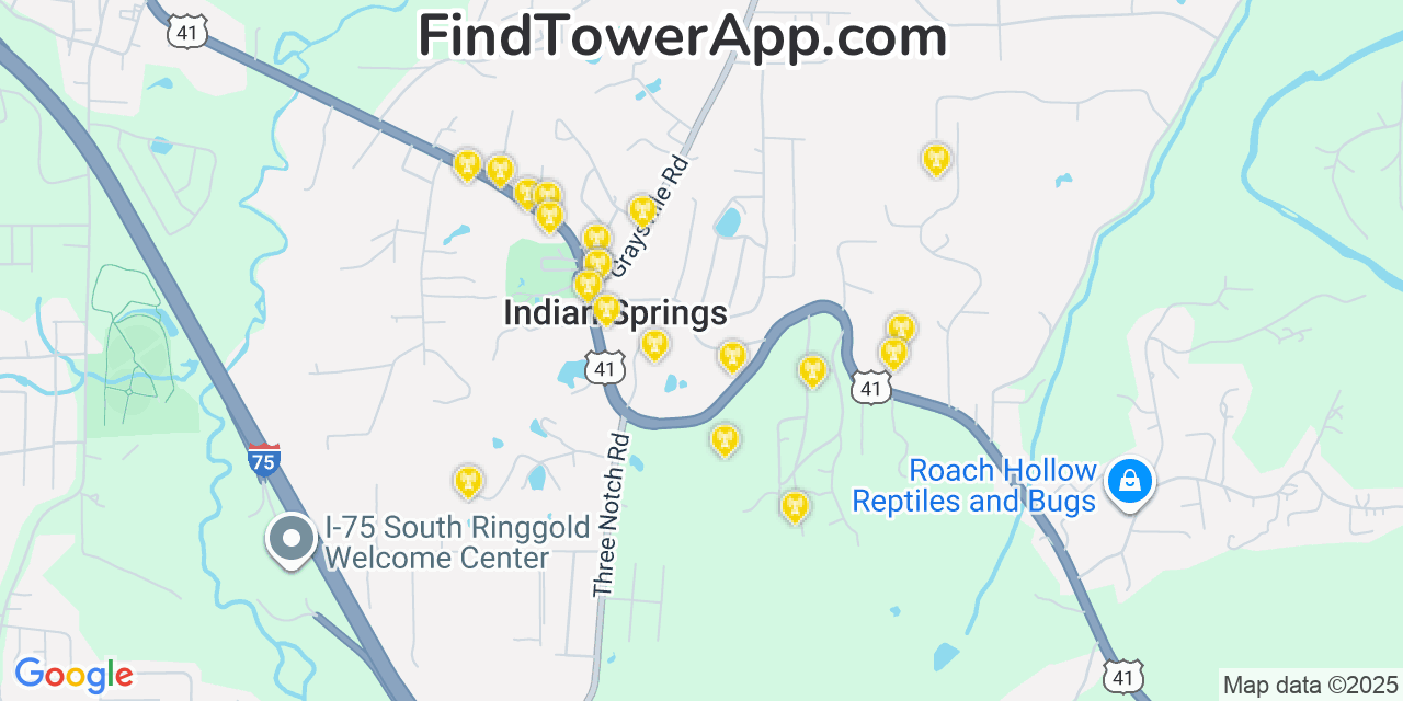 Map showing the 20 primary Mobitel cell tower locations detected in Indian Springs, Georgia with coverage radius and signal strength indicators