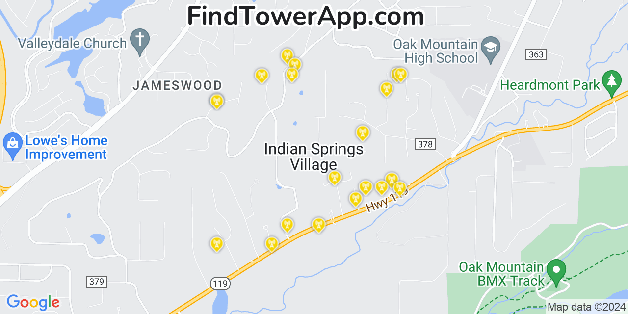 AT&T 4G/5G cell tower coverage map Indian Springs Village, Alabama