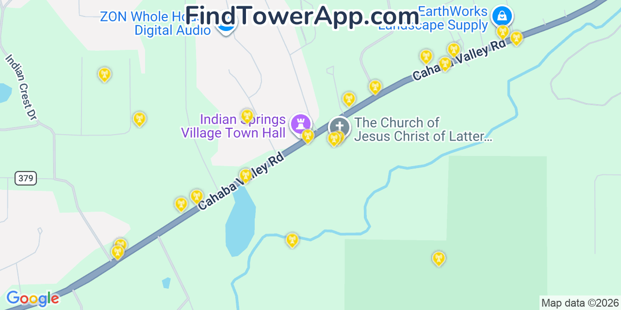 Map showing the 20 primary cell tower locations detected in Indian Springs Village, Alabama from AT&T, Verizon, and T-Mobile networks