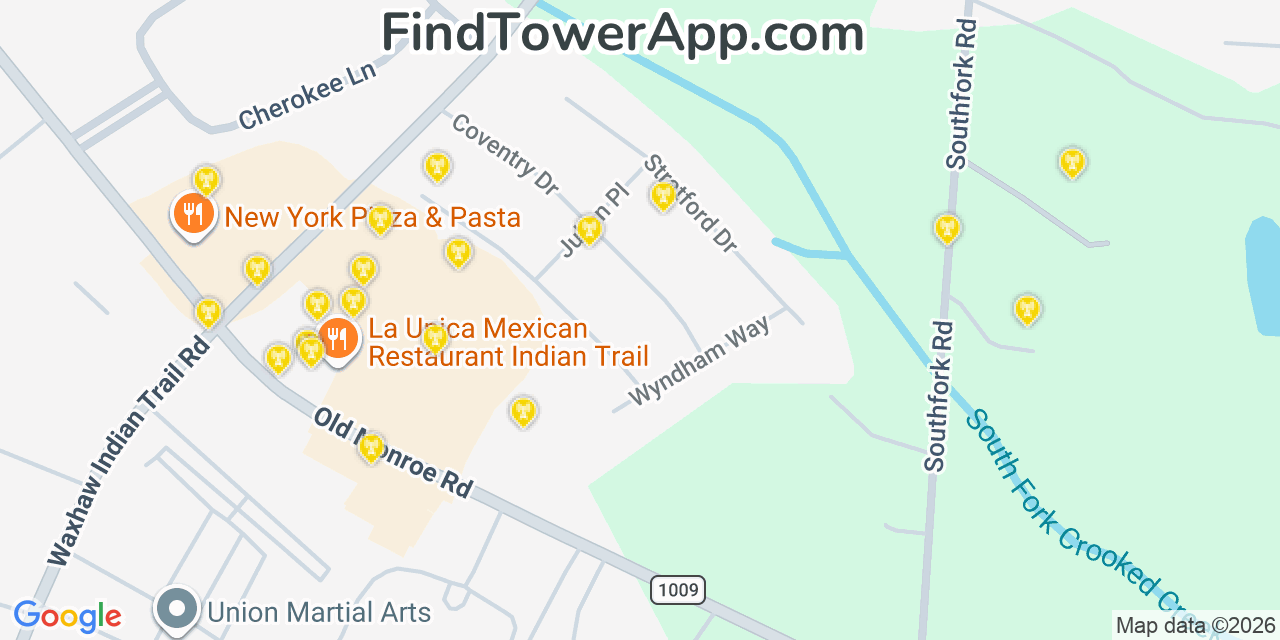 Map showing the 20 primary cell tower locations detected in Indian Trail, North Carolina from AT&T, Verizon, and T-Mobile networks