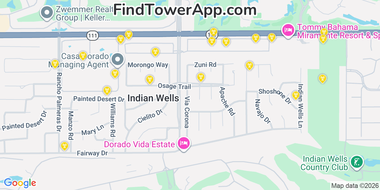 Map showing the 20 primary cell tower locations detected in Indian Wells, California from AT&T, Verizon, and T-Mobile networks