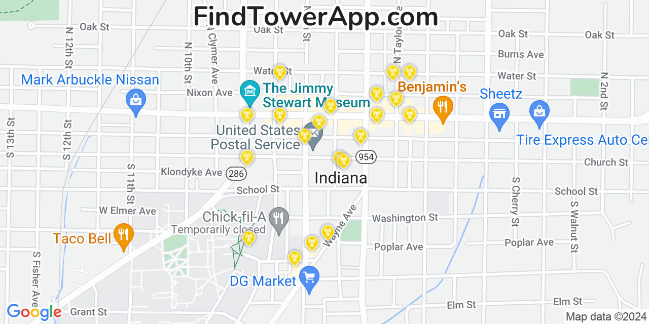 AT&T 4G/5G cell tower coverage map Indiana, Pennsylvania