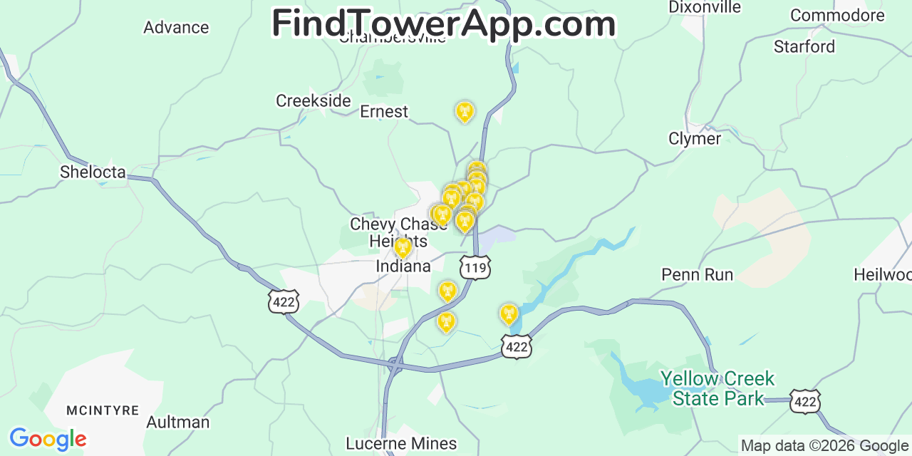 Map showing the 20 primary cell tower locations detected in Indiana, Pennsylvania from AT&T, Verizon, and T-Mobile networks