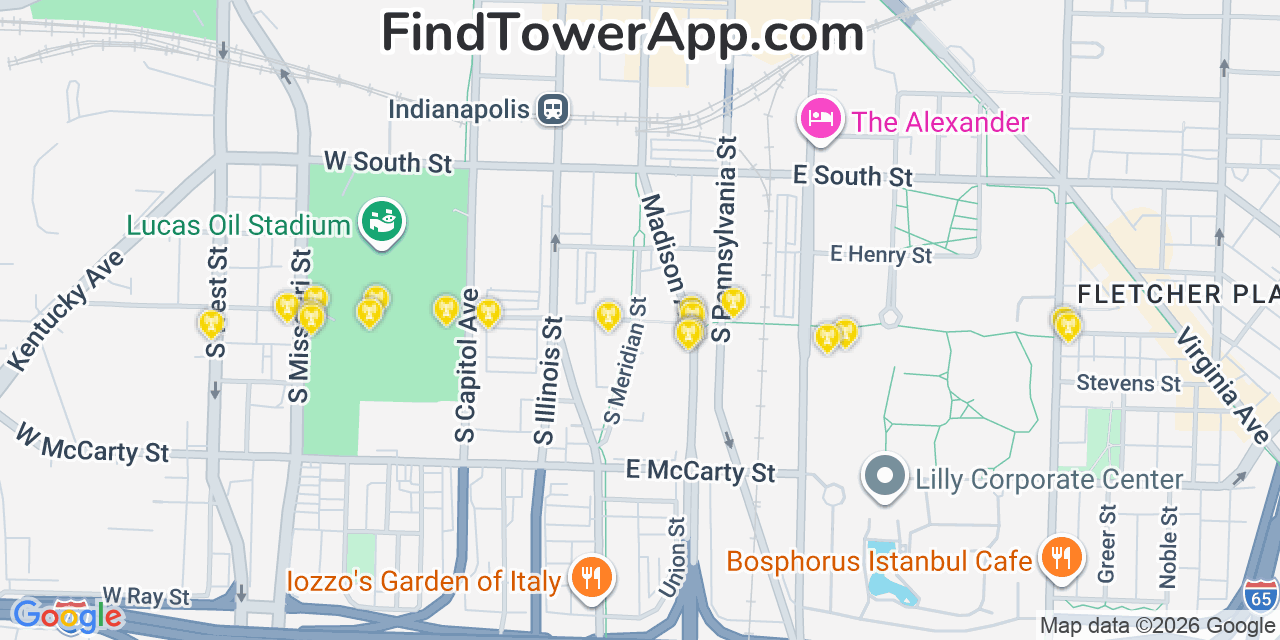 Map showing the 20 primary cell tower locations detected in Indianapolis, Indiana from AT&T, Verizon, and T-Mobile networks