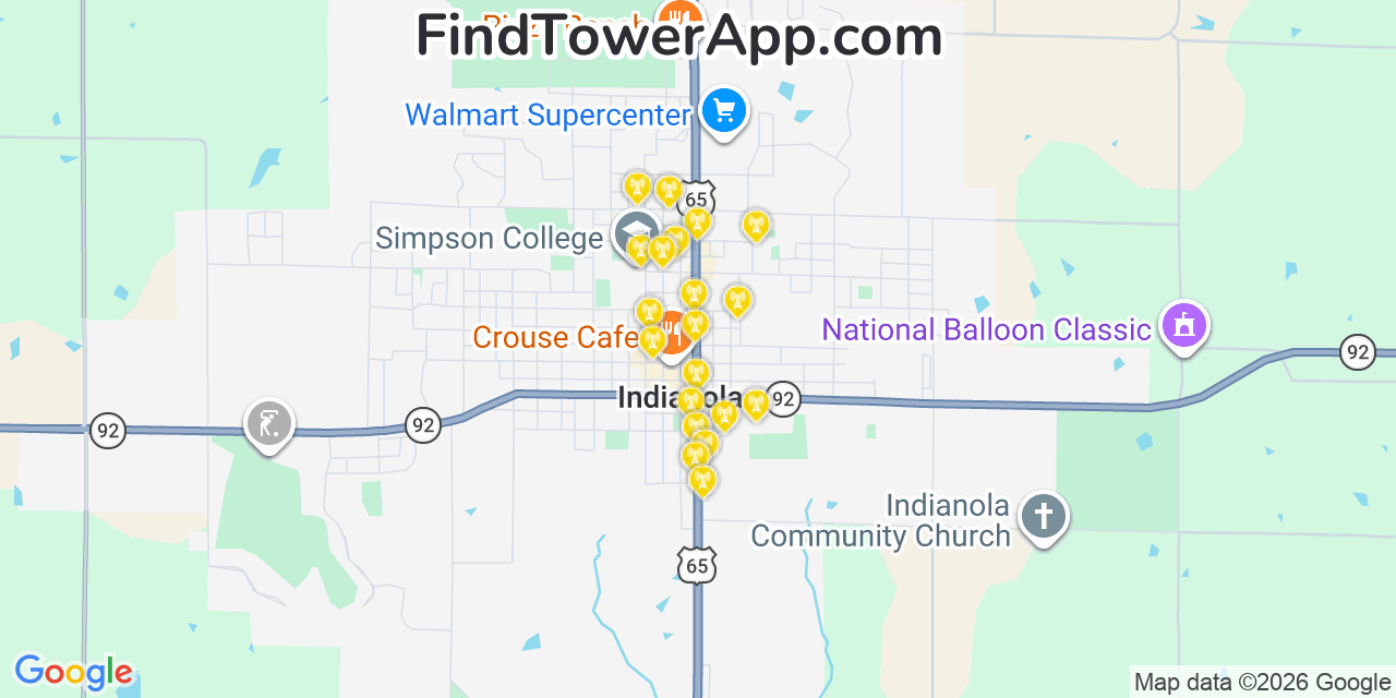 Map showing the 20 primary cell tower locations detected in Indianola, Iowa from AT&T, Verizon, and T-Mobile networks