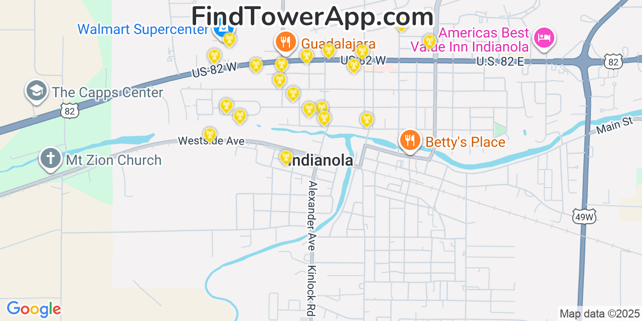 Map showing the 20 primary cell tower locations detected in Indianola, Mississippi from AT&T, Verizon, and T-Mobile networks