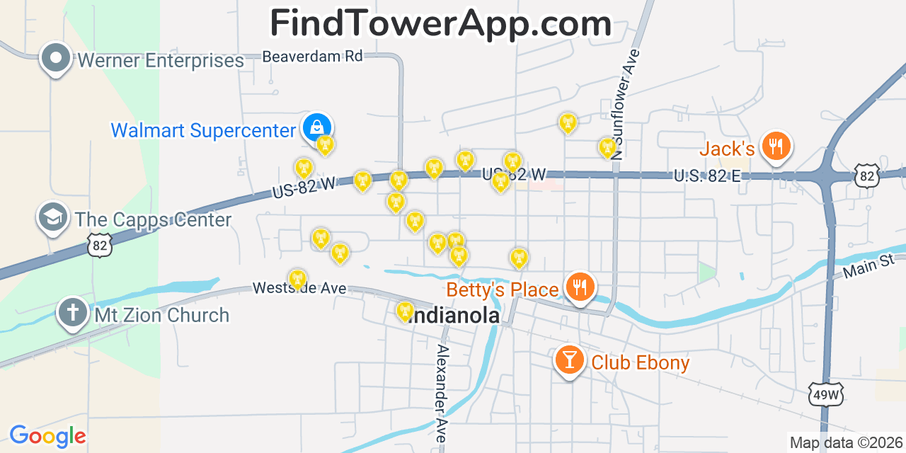 Map showing the 20 primary cell tower locations detected in Indianola, Mississippi from AT&T, Verizon, and T-Mobile networks