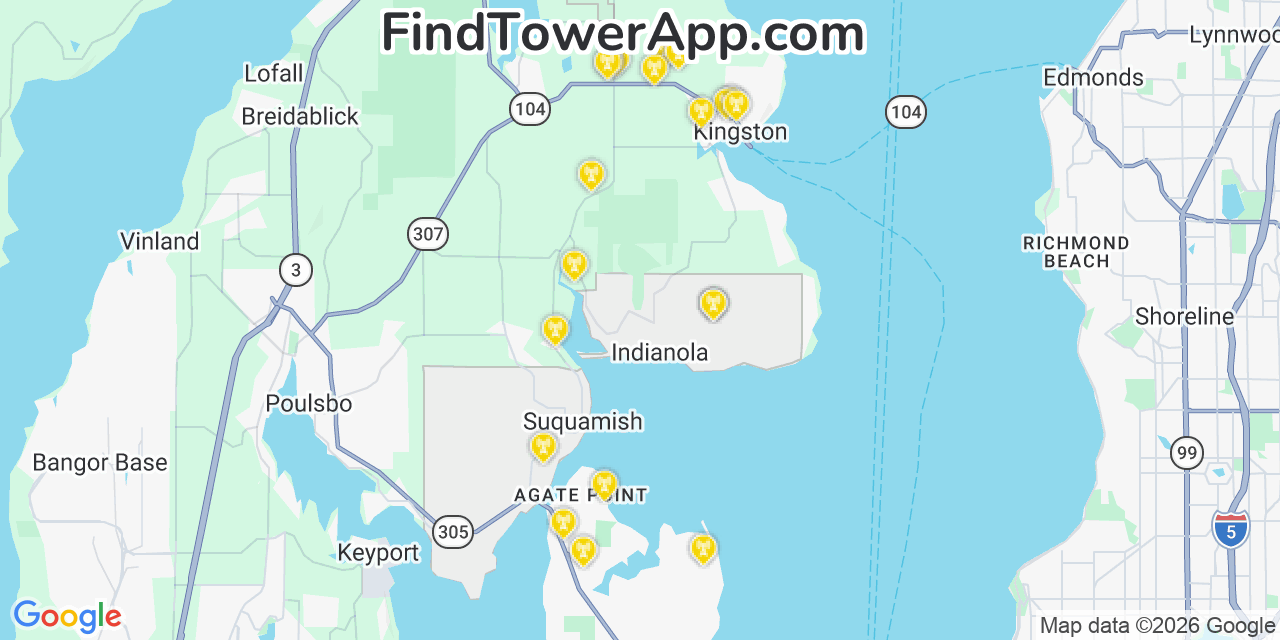 Map showing the 20 primary cell tower locations detected in Indianola, Washington from AT&T, Verizon, and T-Mobile networks