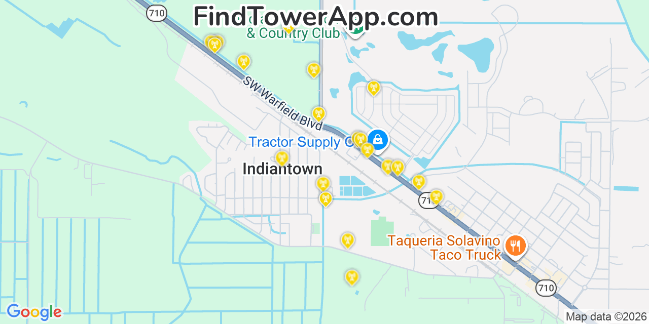 Map showing the 20 primary cell tower locations detected in Indiantown, Florida from AT&T, Verizon, and T-Mobile networks