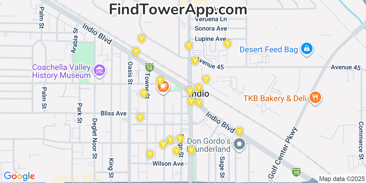 Map showing the 20 primary cell tower locations detected in Indio, California from AT&T, Verizon, and T-Mobile networks