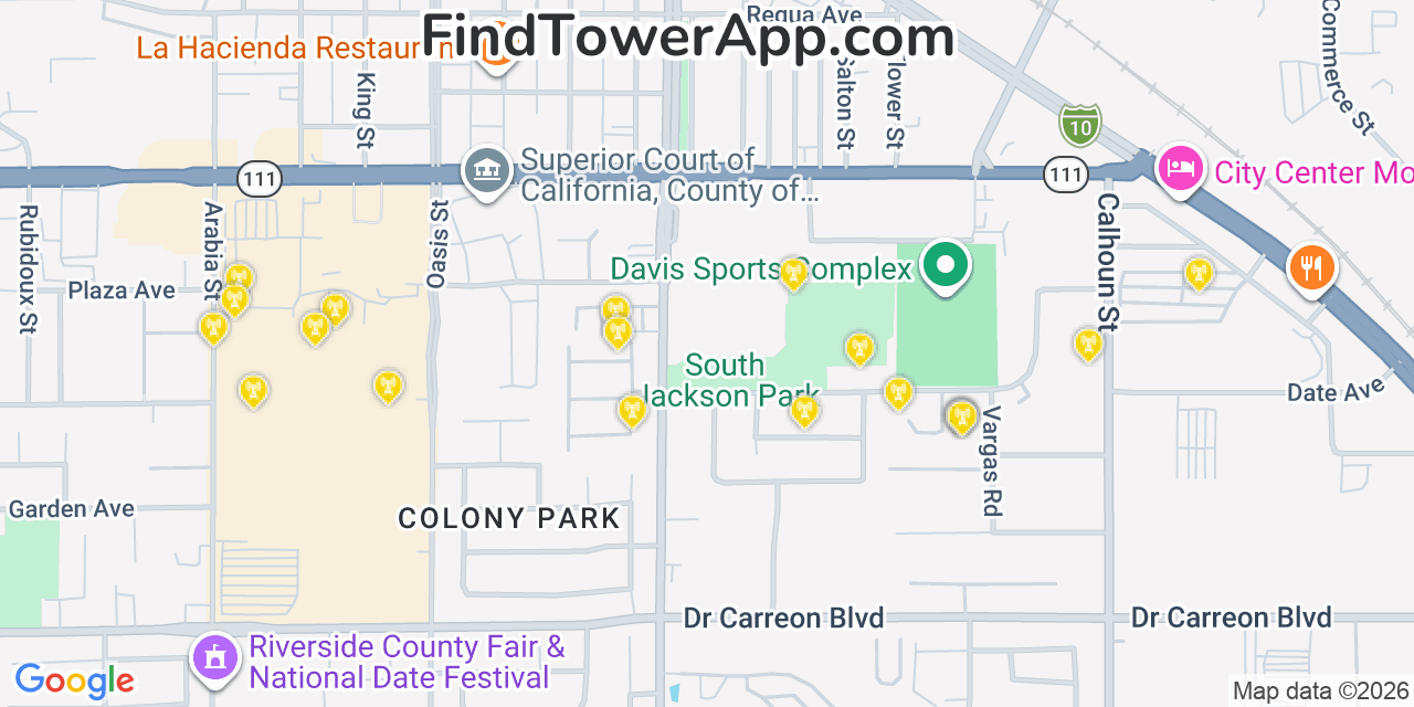 Map showing the 20 primary cell tower locations detected in Indio, California from AT&T, Verizon, and T-Mobile networks