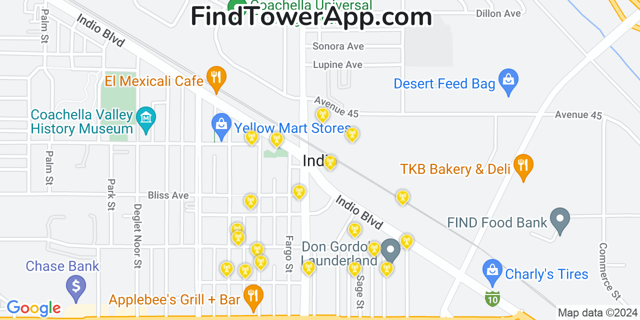 Verizon 4G/5G cell tower coverage map Indio, California