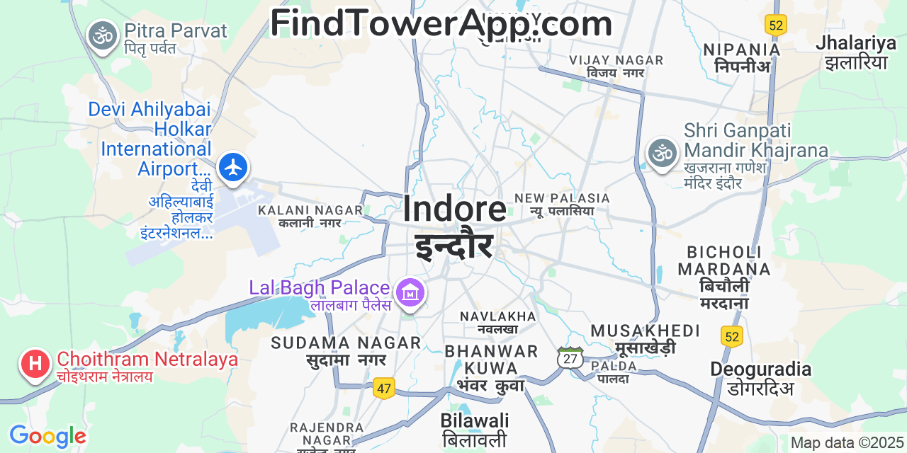 Map showing the 0 primary Jammu--Kashmir cell tower locations detected in Indore, India with coverage radius and signal strength indicators