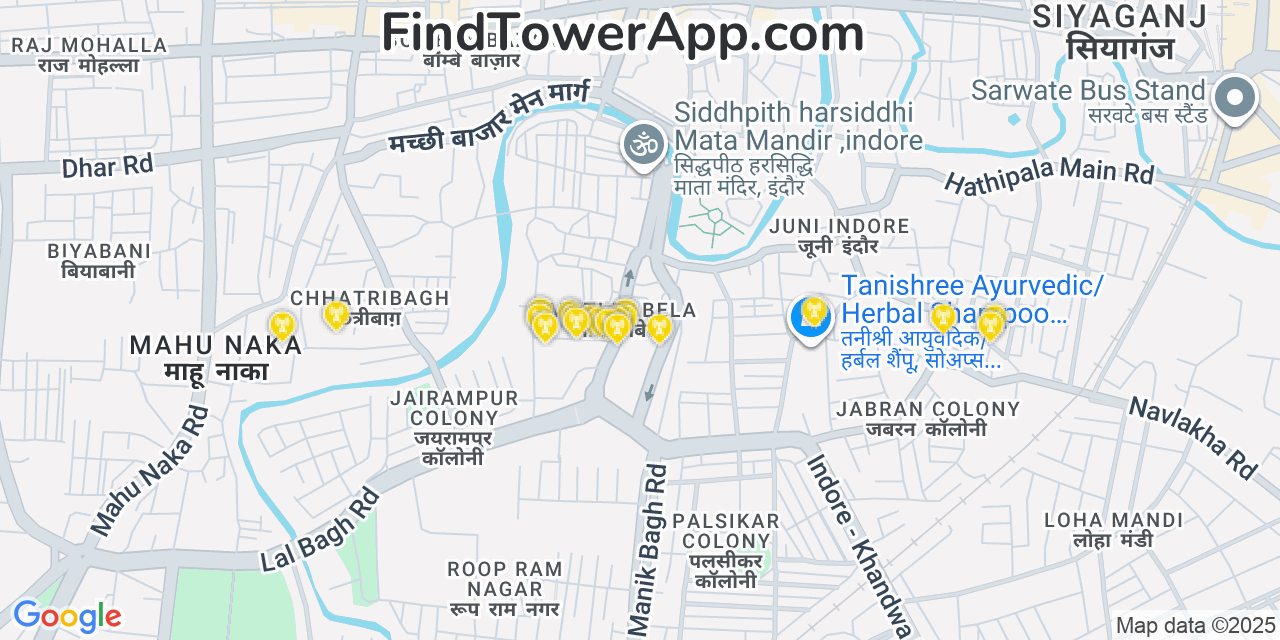 Map showing the 20 primary cell tower locations detected in Indore, India with coverage areas and signal strength
