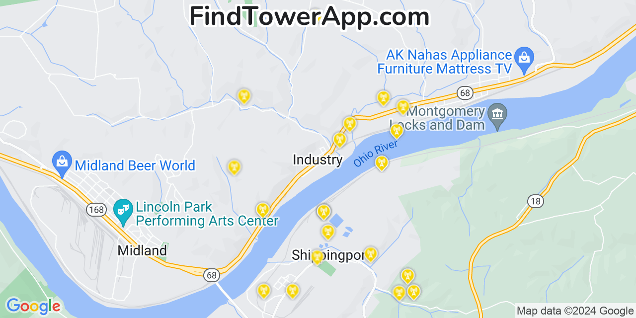 AT&T 4G/5G cell tower coverage map Industry, Pennsylvania