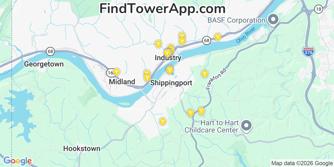 Map showing the 20 primary cell tower locations detected in Industry, Pennsylvania from AT&T, Verizon, and T-Mobile networks