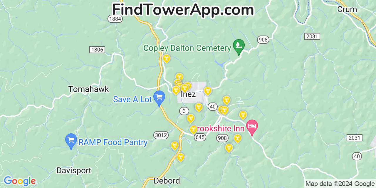 AT&T 4G/5G cell tower coverage map Inez, Kentucky