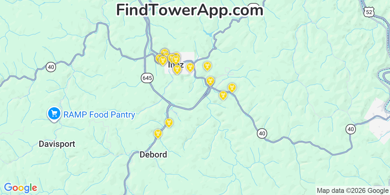 Map showing the 20 primary cell tower locations detected in Inez, Kentucky from AT&T, Verizon, and T-Mobile networks