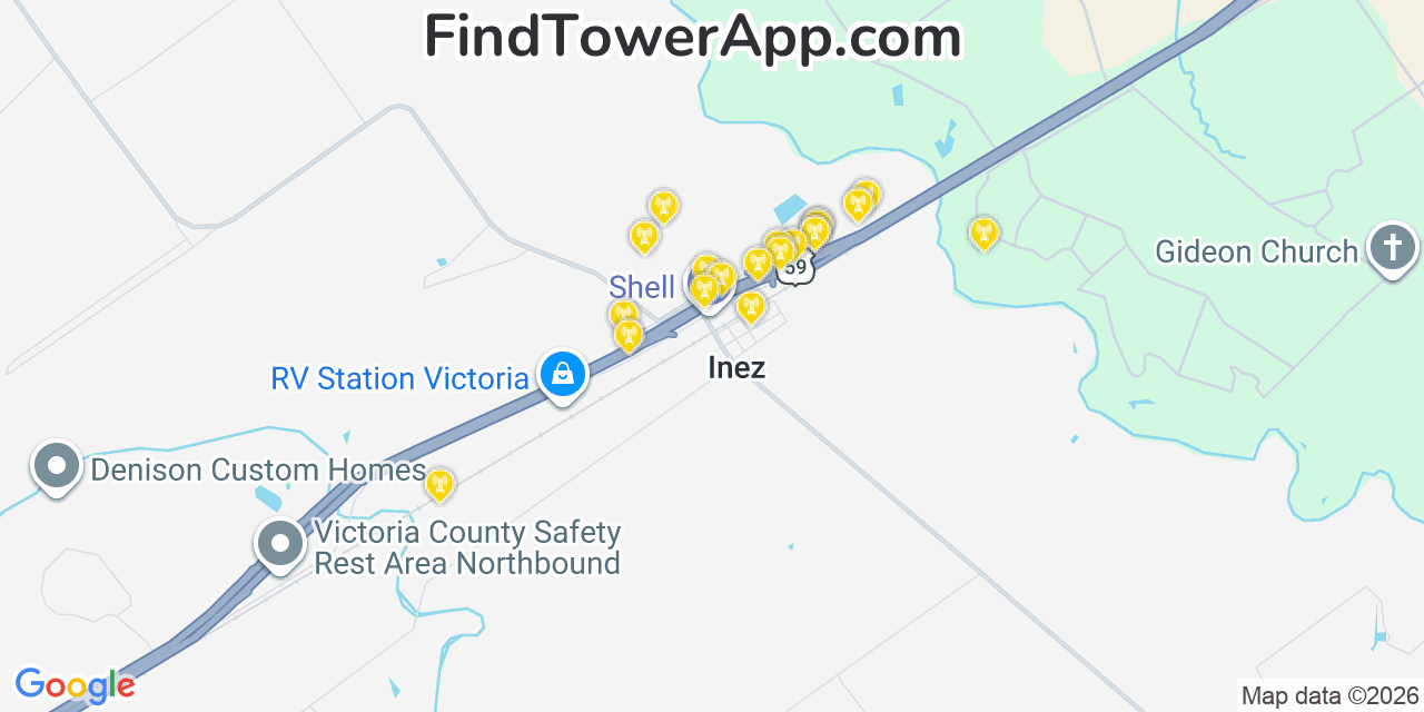 Map showing the 20 primary cell tower locations detected in Inez, Texas from AT&T, Verizon, and T-Mobile networks
