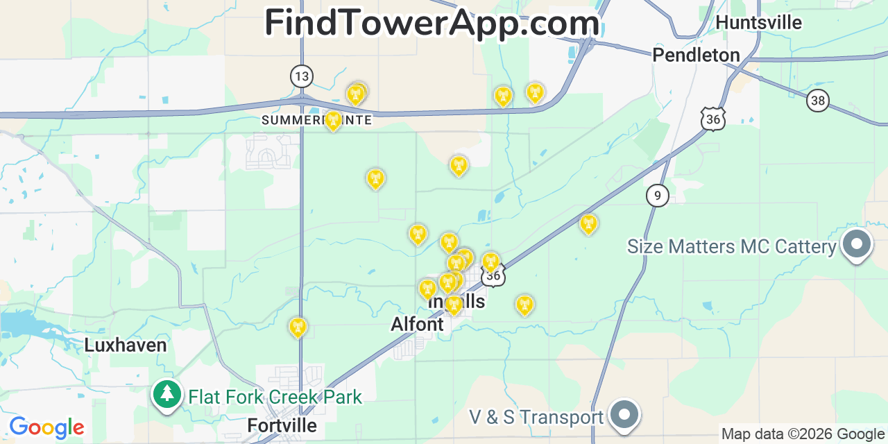 Map showing the 20 primary cell tower locations detected in Ingalls, Indiana from AT&T, Verizon, and T-Mobile networks