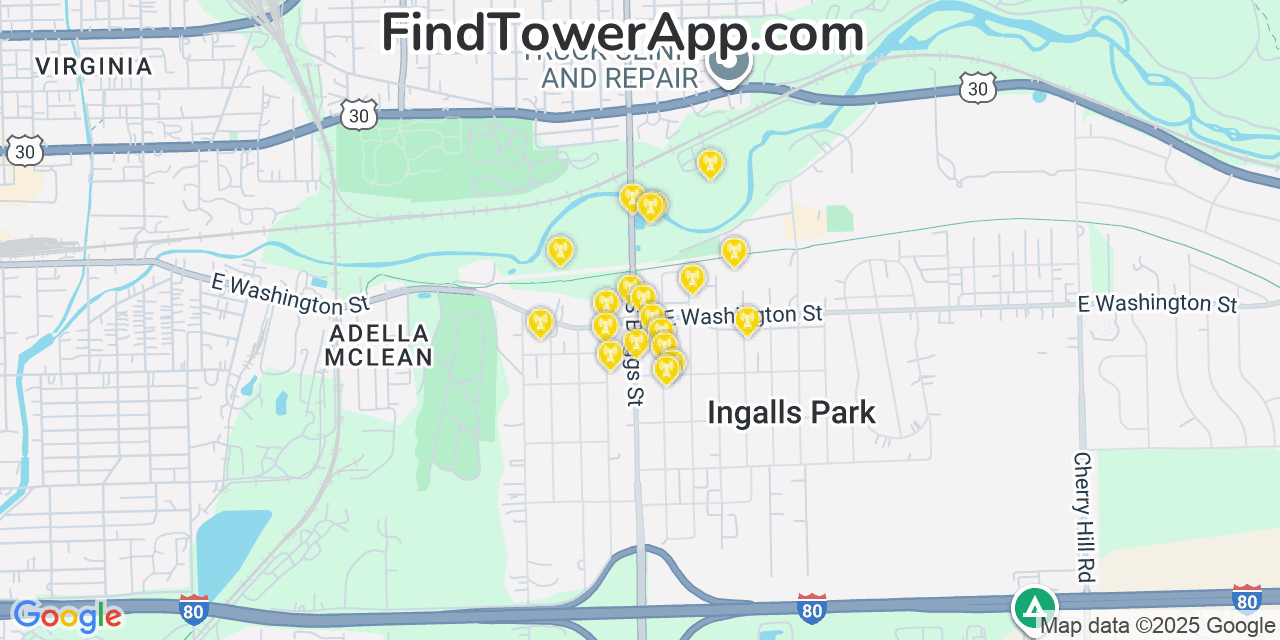 Map showing the 20 primary cell tower locations detected in Ingalls Park, Illinois from AT&T, Verizon, and T-Mobile networks