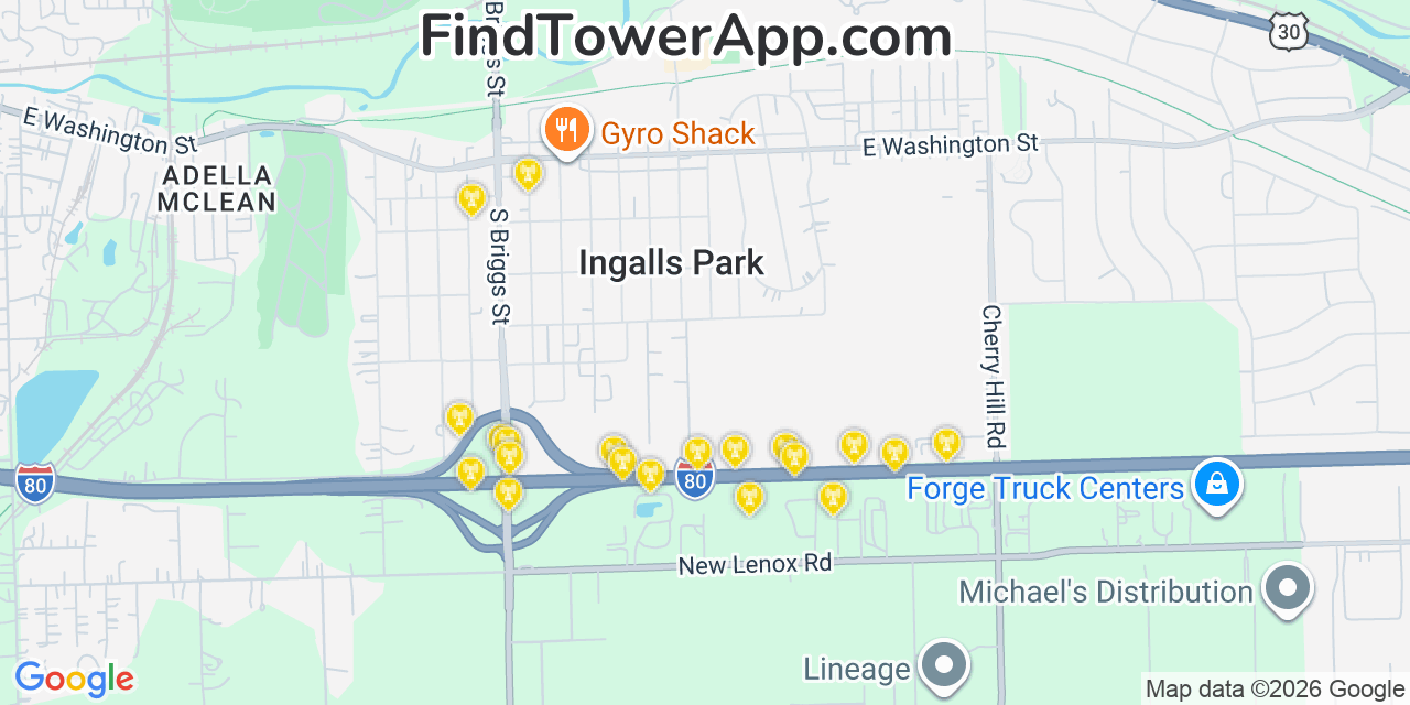 Map showing the 20 primary cell tower locations detected in Ingalls Park, Illinois from AT&T, Verizon, and T-Mobile networks