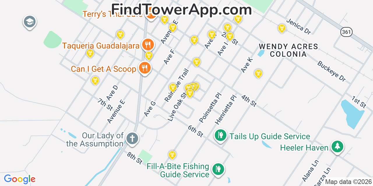 Map showing the 20 primary cell tower locations detected in Ingleside, Texas from AT&T, Verizon, and T-Mobile networks