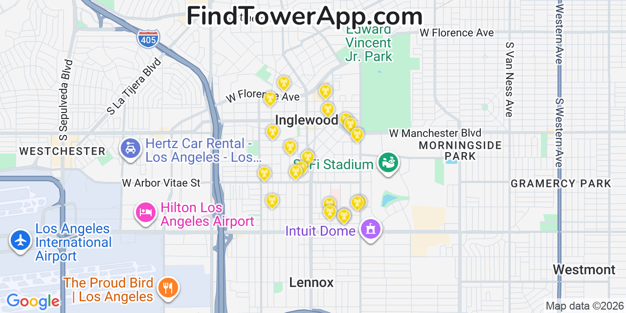 Map showing the 20 primary cell tower locations detected in Inglewood, California from AT&T, Verizon, and T-Mobile networks